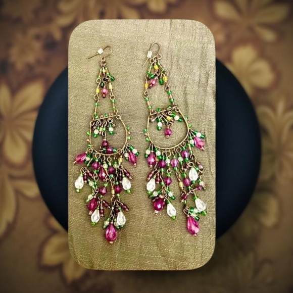 Boho earrings - Chandelier Earrings shoulder dusters 5” long beaded - Picture 2 of 12